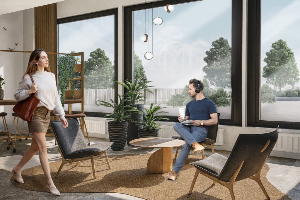 MaarinPortin aulan yhteydessä olevan lounge-alueen havainnekuva.